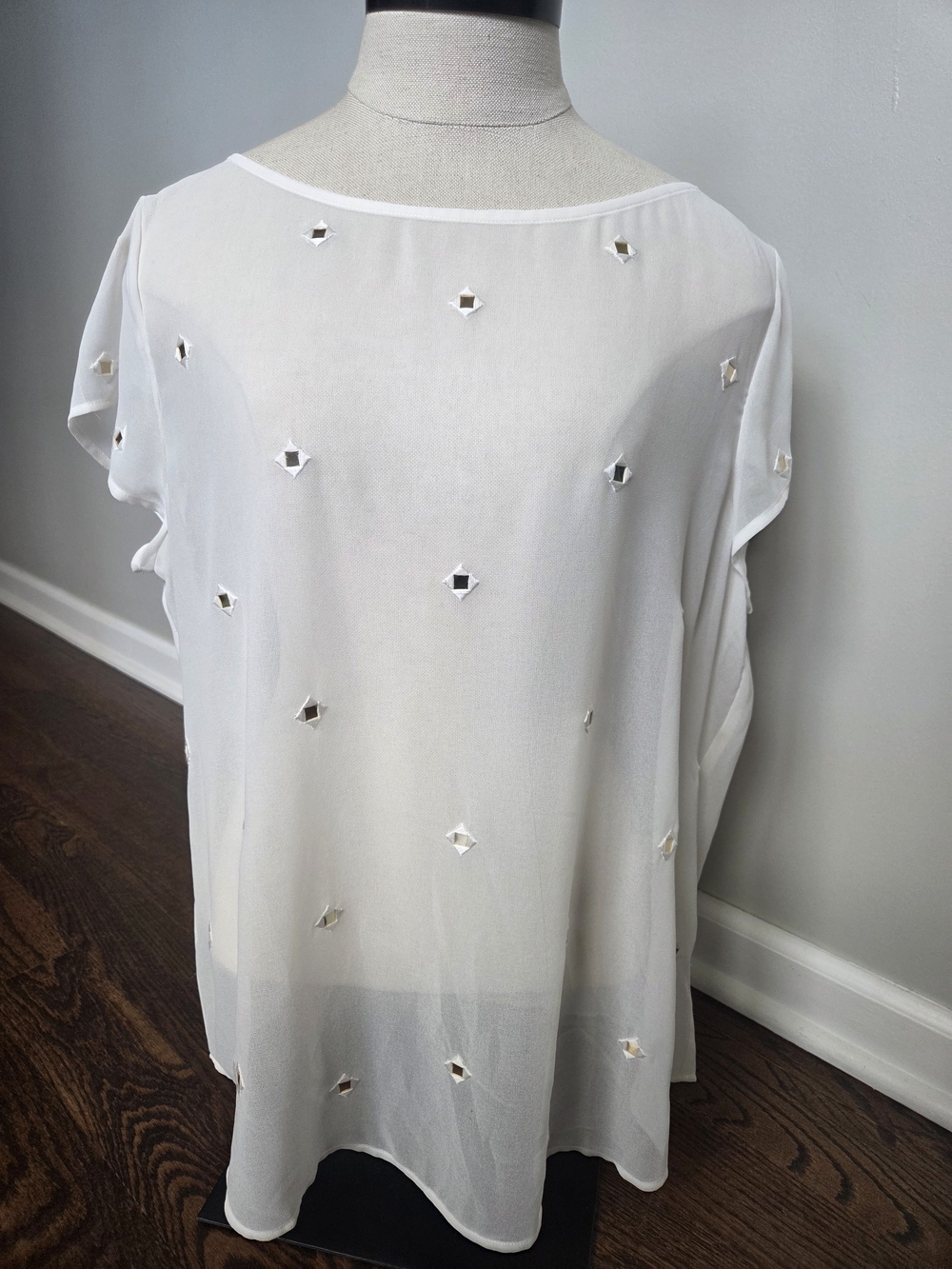 Ann Taylor Sheer White Top With Gold Mirror‎ Embellishments